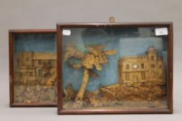 A pair of cased cork dioramas. The widest 38 cm.