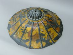 A Japanese mother-of-pearl inlaid and lacquered ceremonial hat. 45 cm diameter.