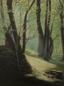 PHYLIS BROOKES, Forest Scene, oil on board, framed. 44.5 x 59 cm.