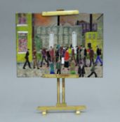 A pictorial enamel plaque, signed Casey, on a brass easel. 20 x 15 cm.