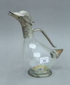A silver plated mounted claret jug formed as a duck. 26 cm high.