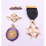 A quantity of enamel Masonic medallions, etc. RNIB medallion 4.5 cm high.