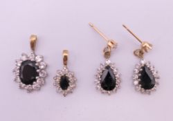 A collection of 9 ct gold and white gold sapphire earrings and pendants. The largest 2 cm high. 3.