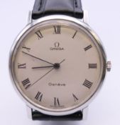An Omega Geneve gentlemen's stainless steel wristwatch. 3.5 cm wide.