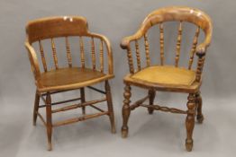 A Victorian cane seated spindle back armchair and another. The former 56 cm wide.