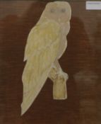 Barn Owl, watercolour laid on material, framed and glazed. 31 x 36.5 cm overall.