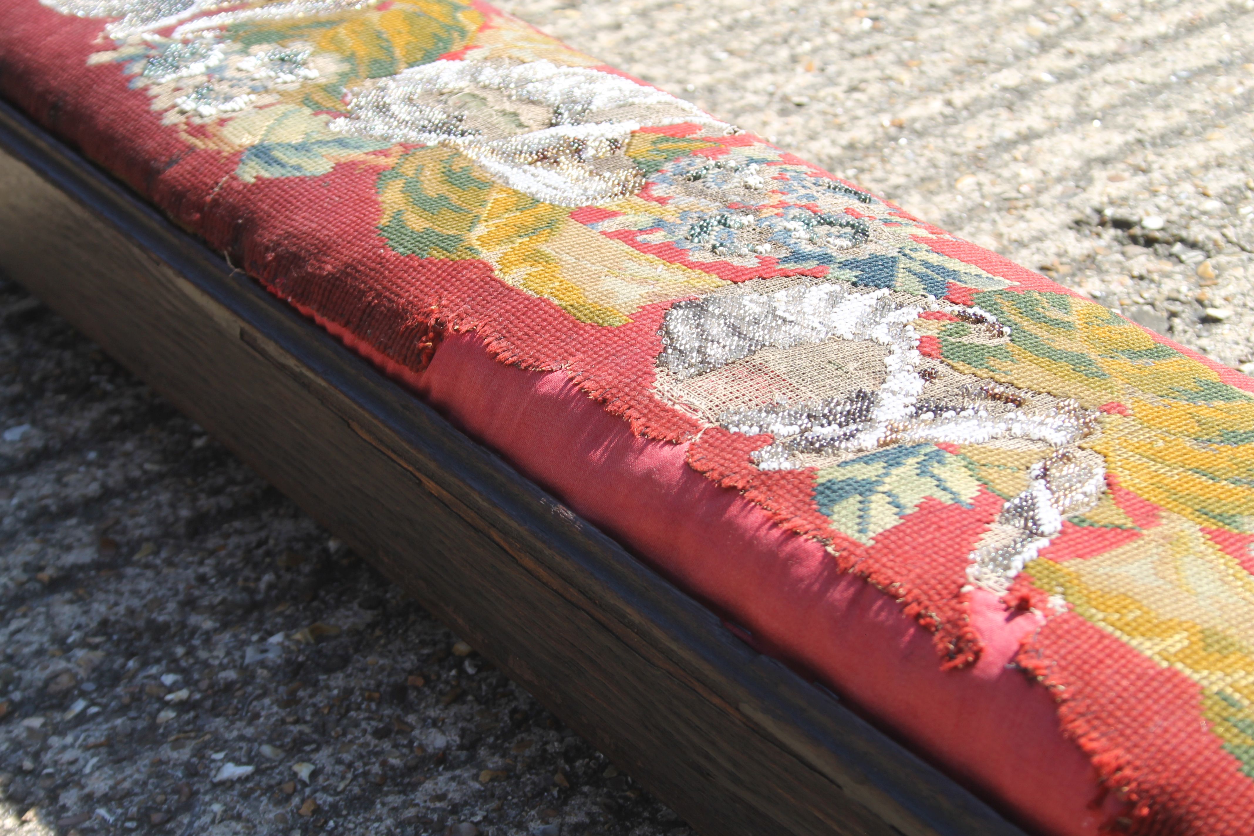 A Victorian rosewood long footstool and embroidered top. 120 cm long. - Image 3 of 3