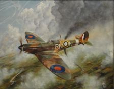 M COOK, Spitfire Winning a Dog Fight, oil on canvas, framed. 50 x 40 cm.
