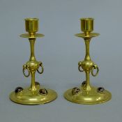 A pair of agate and brass candlesticks. 16 cm high.