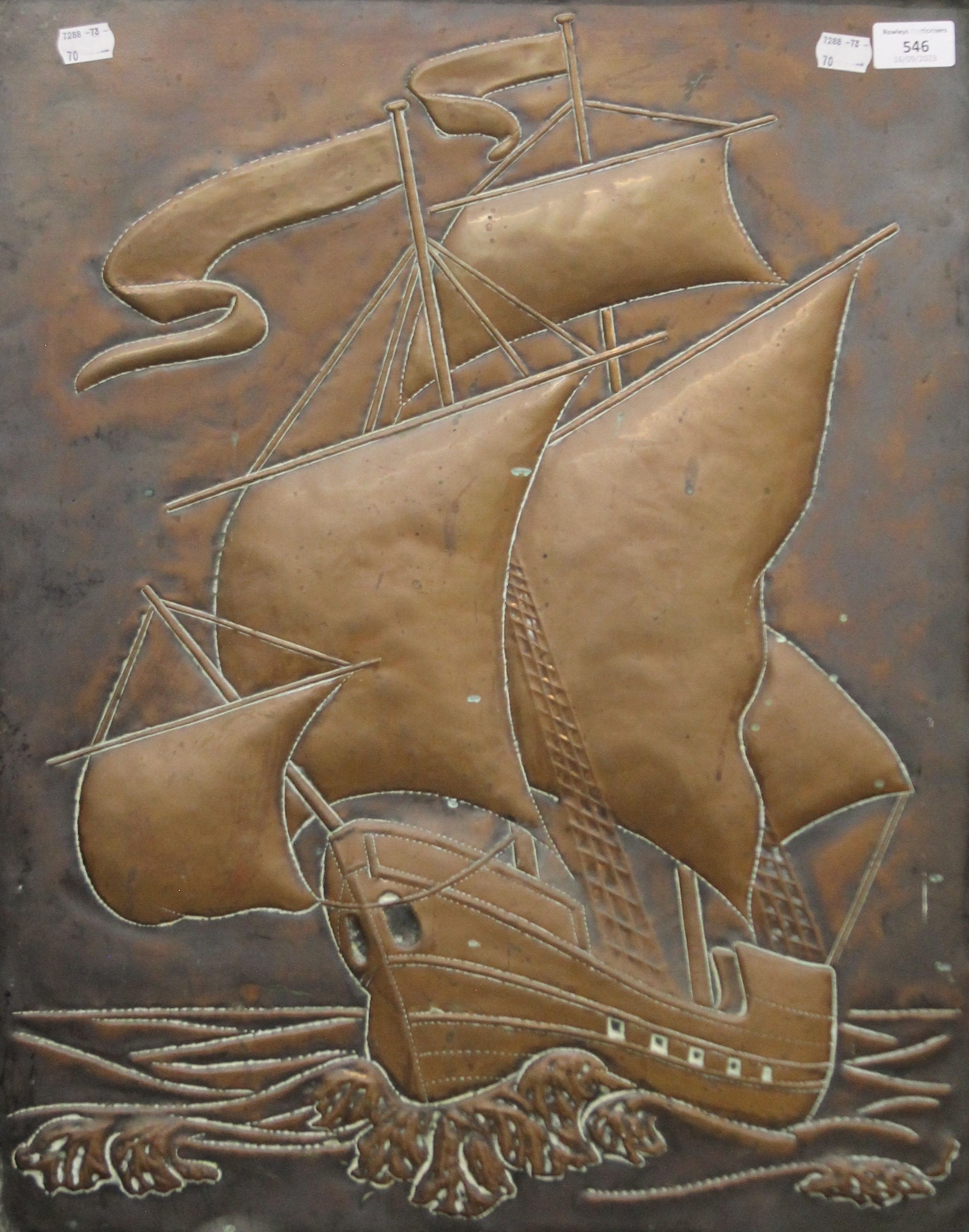 An Arts and Crafts copper and wrought iron fire screen depicting a galleon. 65 cm wide. - Image 2 of 4