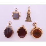 A 9 ct gold bloodstone and carnelian swing fob, a 9 ct gold bloodstone and carnelian swing fob,
