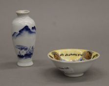 A small Chinese blue and white porcelain vase and a Japanese Satsuma dish. The former 9 cm high.