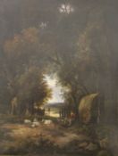 19TH CENTURY SCHOOL, Shepherd and His Flock in a Clearing, oil on board, unsigned, framed. 45.