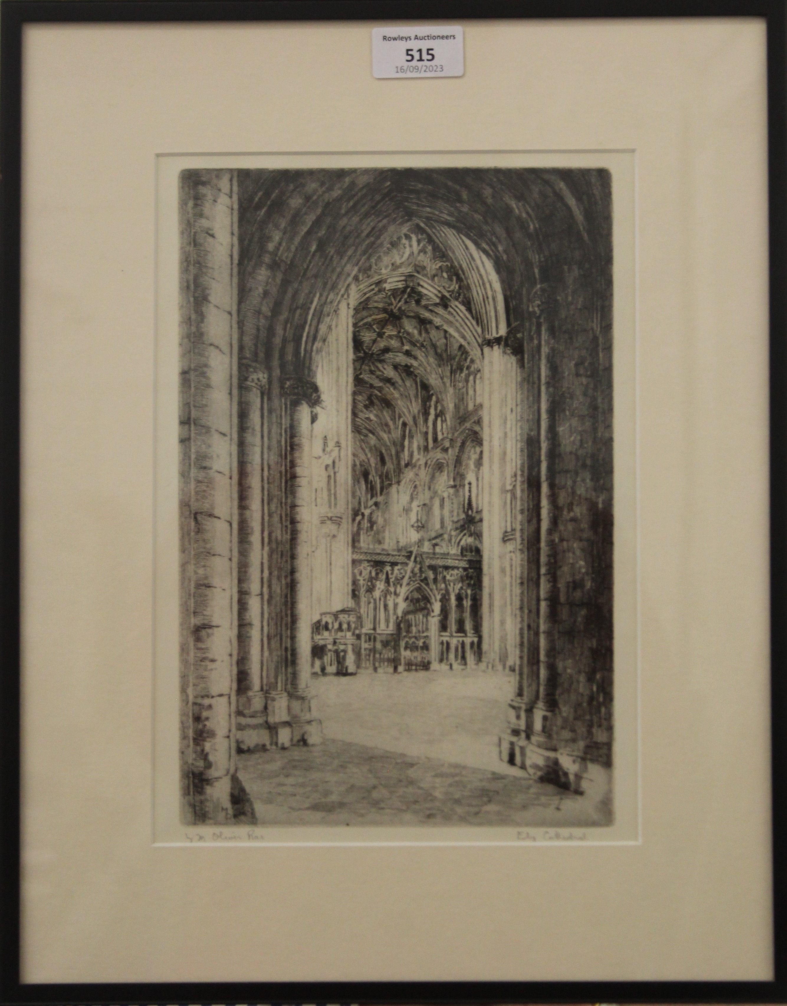 M OLIVER RAE, an etching of Ely Cathedral, framed and glazed. 20 x 28.5 cm. - Image 2 of 3