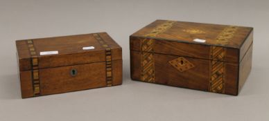 Two Victorian inlaid jewellery boxes. The largest 25 cm wide.