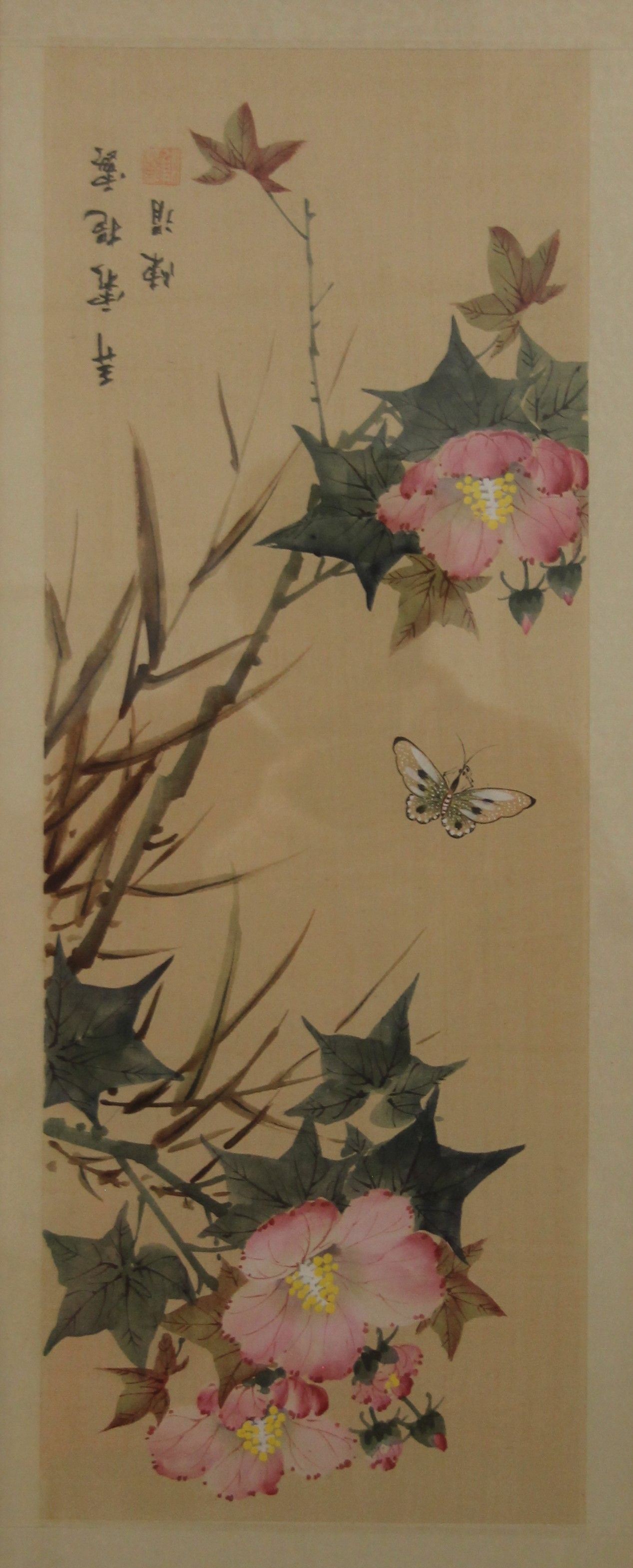 Two Chinese floral watercolours on silk, each framed and glazed. 36 x 73 cm overall. - Image 4 of 6