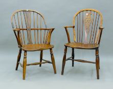 Two 19th century elm seated Windsor chairs. The largest 51.5 cm wide.