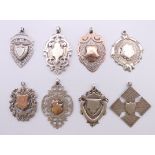 Eight silver fobs, mostly hallmarked for Birmingham. 73.6 grammes.