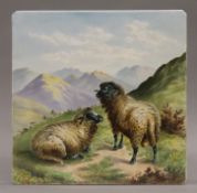 A late 19th century 'Highland Sheep' ceramic plaque. 31 cm squared.