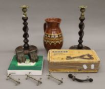 A boxed plane, candlesticks, a jug and a jade tescher.