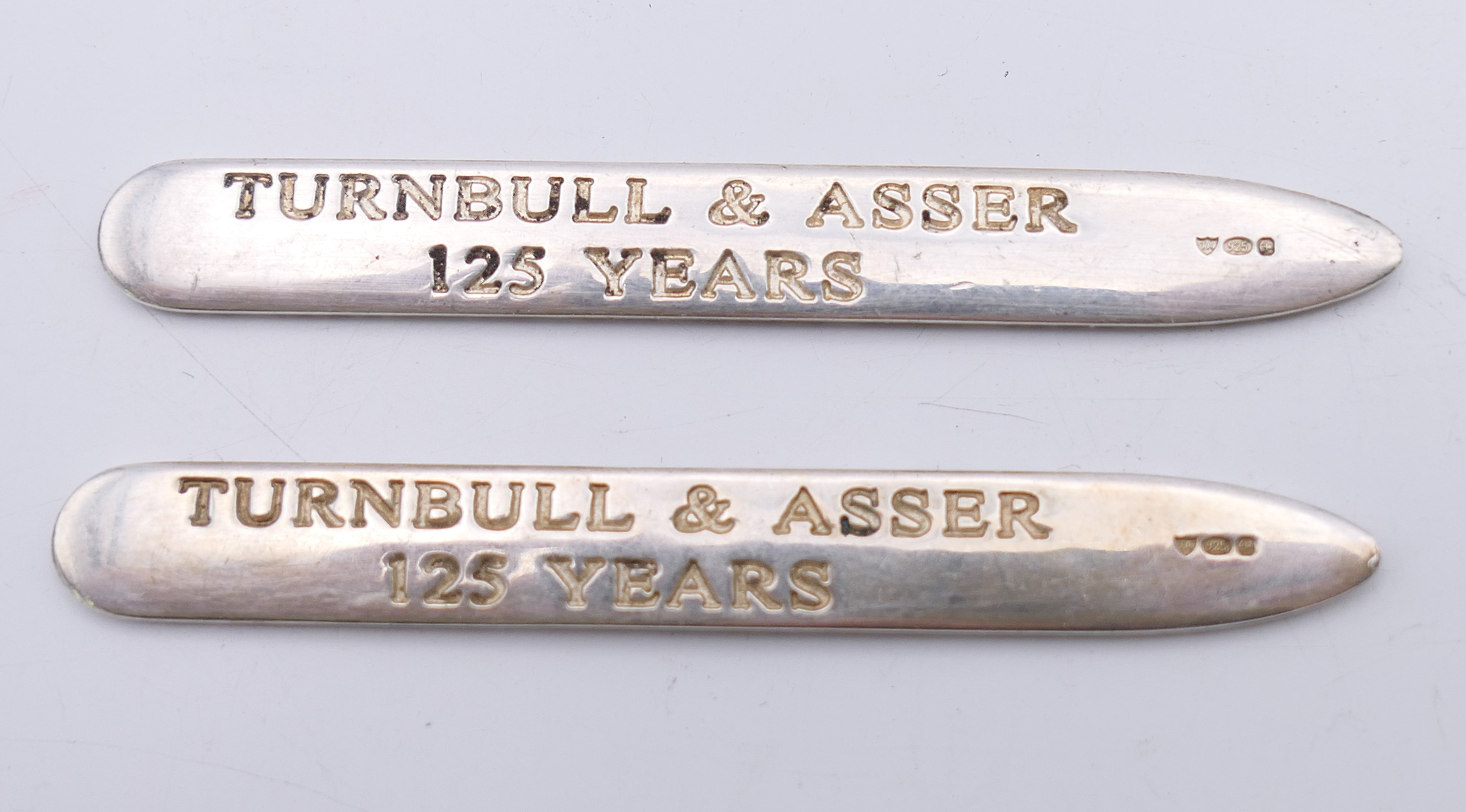 A pair of silver collar stiffeners, inscribed Turnbull and Asser 125 Years, hallmarked Birmingham. - Image 2 of 4