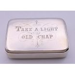 A Victorian silver vesta box inscribed to one side 'Take a Light Old Chap',