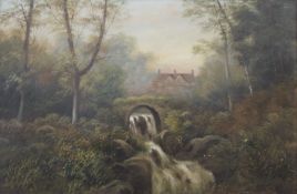LATE 19TH/EARLY 20TH CENTURY, Country House beyond a Waterfall, oil on canvas, indistinctly signed,