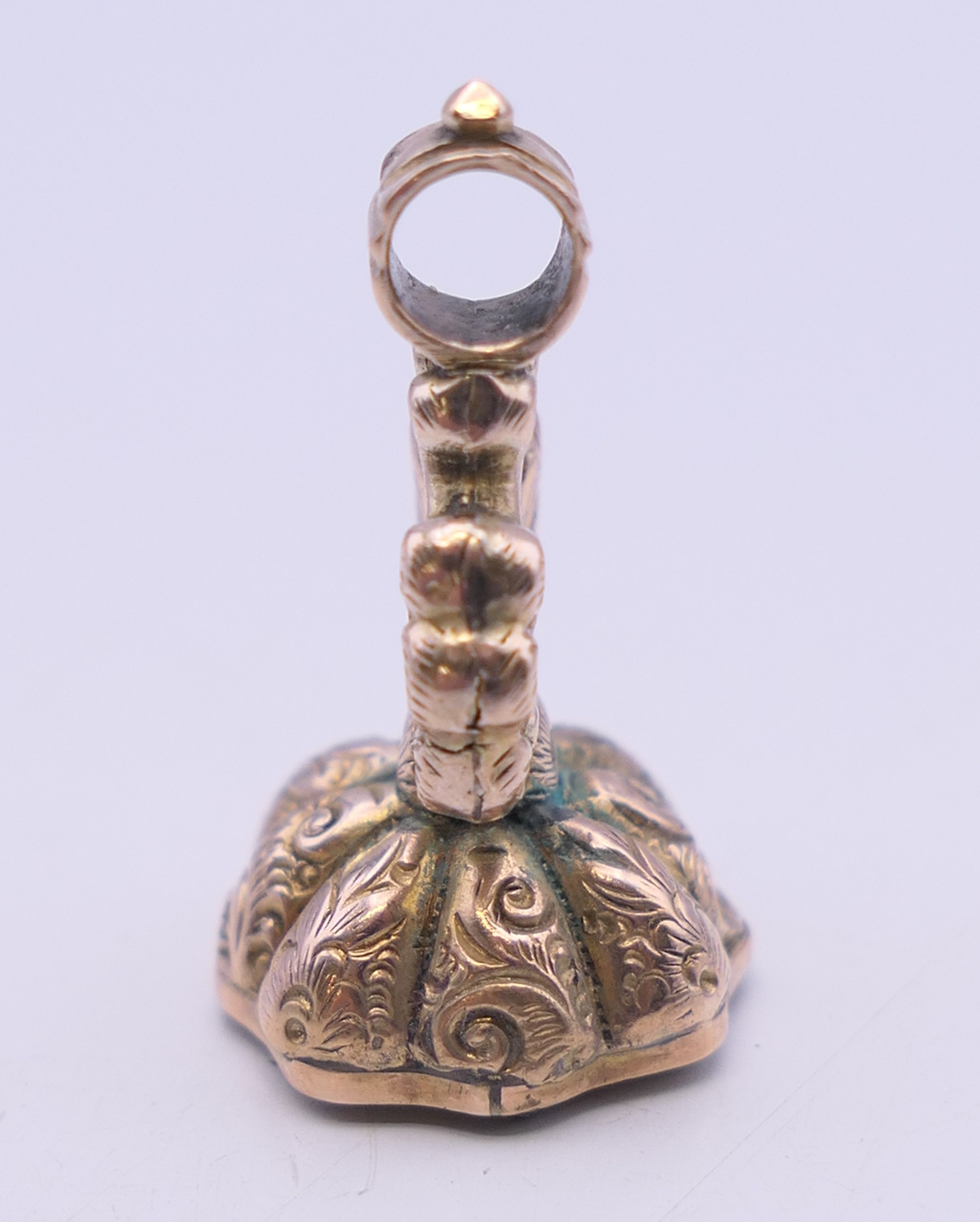 A 9 ct gold fob with citrine engraved with ship. 2.5 cm high. 3. - Image 5 of 5