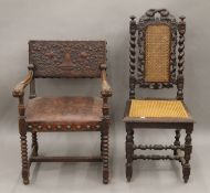 A Victorian oak leather covered chair and a caned carved side chair. The former 60 cm wide.