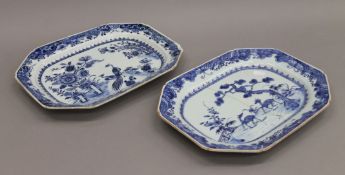 Two 18th century blue and white porcelain octagonal meat plates decorated with deer, birds, flowers,