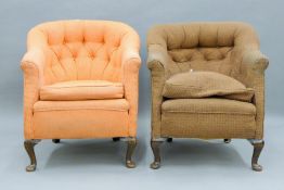 Two early 20th century upholstered armchairs. Each approximately 68 cm wide.