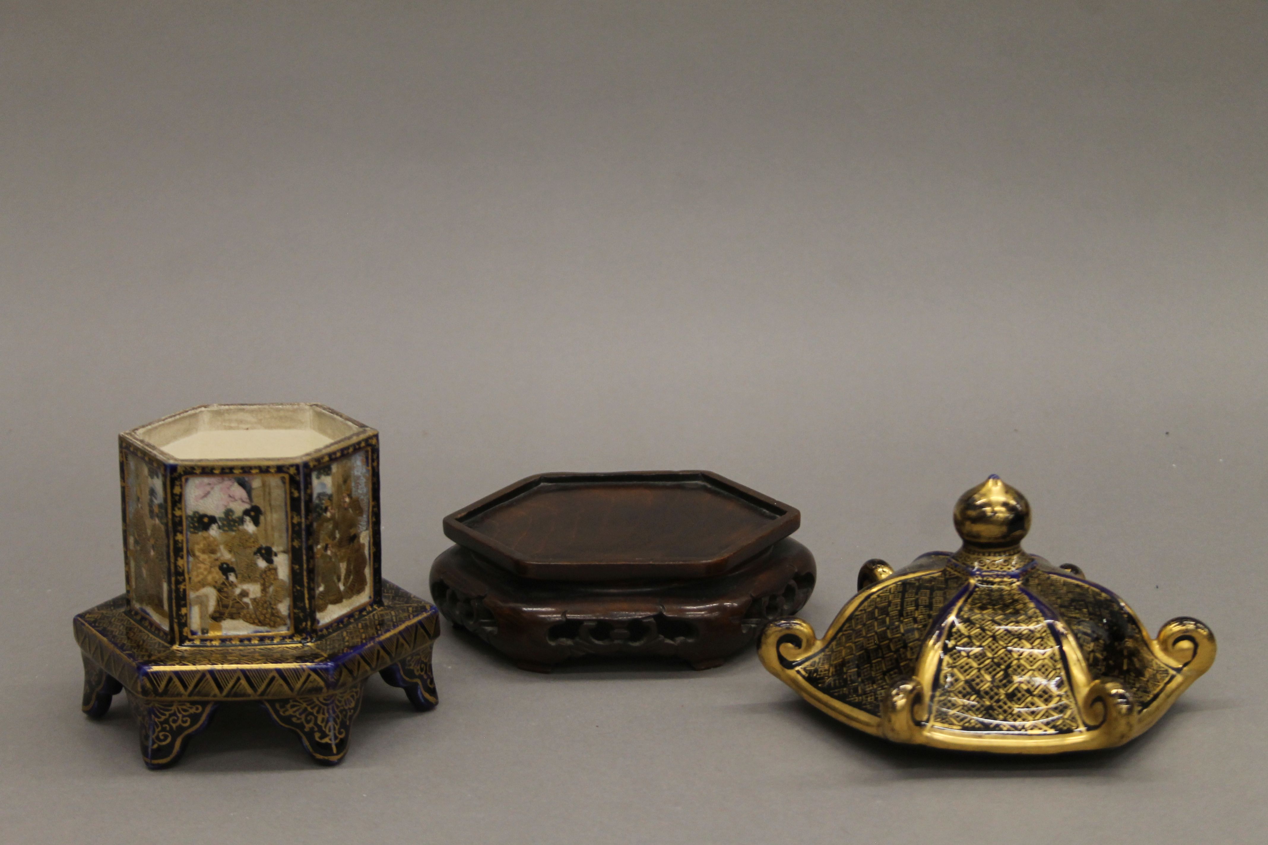 A Satsuma vase and cover of architectural form, on a carved wooden stand. 20 cm high overall. - Image 4 of 5