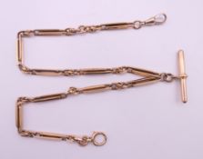 A 9 ct gold paperclip watch chain with T-bar. 43.5 cm long. 40 grammes.