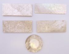 Five 19th century Chinese carved mother-of-pearl counters. The largest 6.25 cm long.