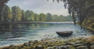 TORQUIL J MACLEOD, Fishing in the River Tay, oil on canvas, signed, framed. 110 x 59 cm.
