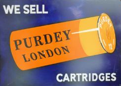 A tin Purdey sign. 70 x 50 cm.