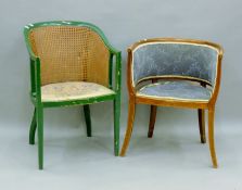 A green painted bergere chair and a tub chair. The former 52 cm wide.