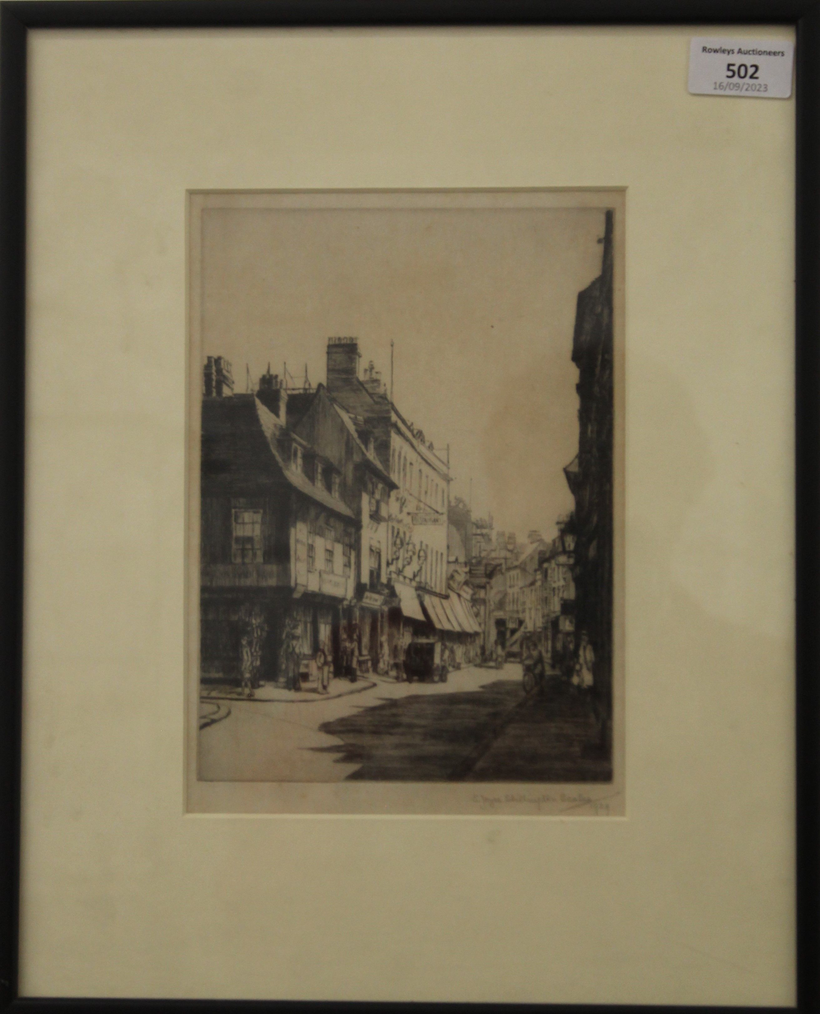 JOYCE SHILLINGTON SCALES, Petty Cury, Cambridge, etching, signed and dated 1929, framed and glazed. - Image 2 of 2
