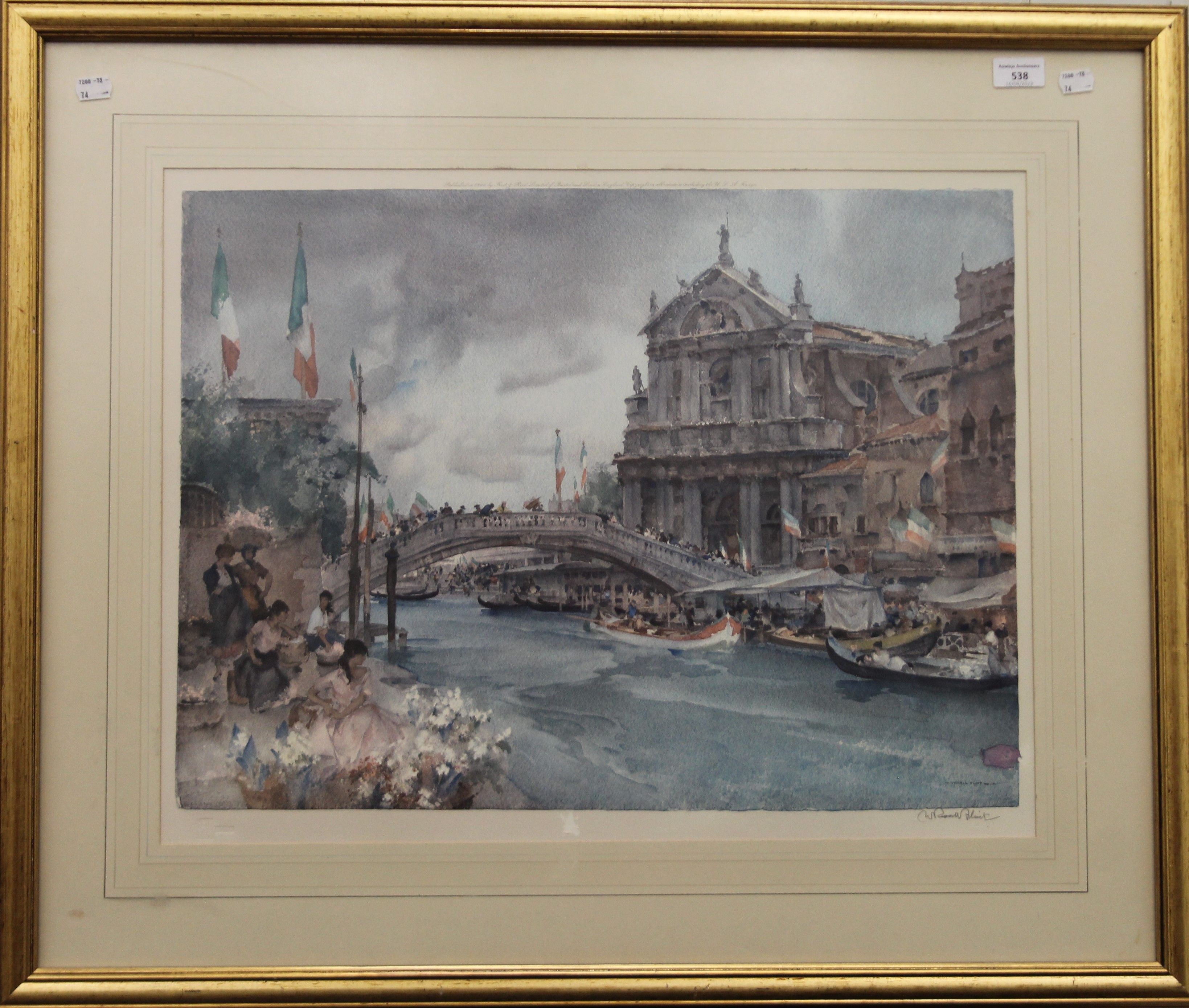WILLIAM RUSSELL FLINT (1880-1969), The Rialto Bridge, print, signed in pencil to margin, - Image 2 of 3