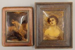 Two 19th century chystoleums', each depicting a young woman, each framed. The largest 16.5 x 20.