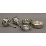 Two silver plated wine funnels and two silver plated tasting cups. The largest 15.5 cm.