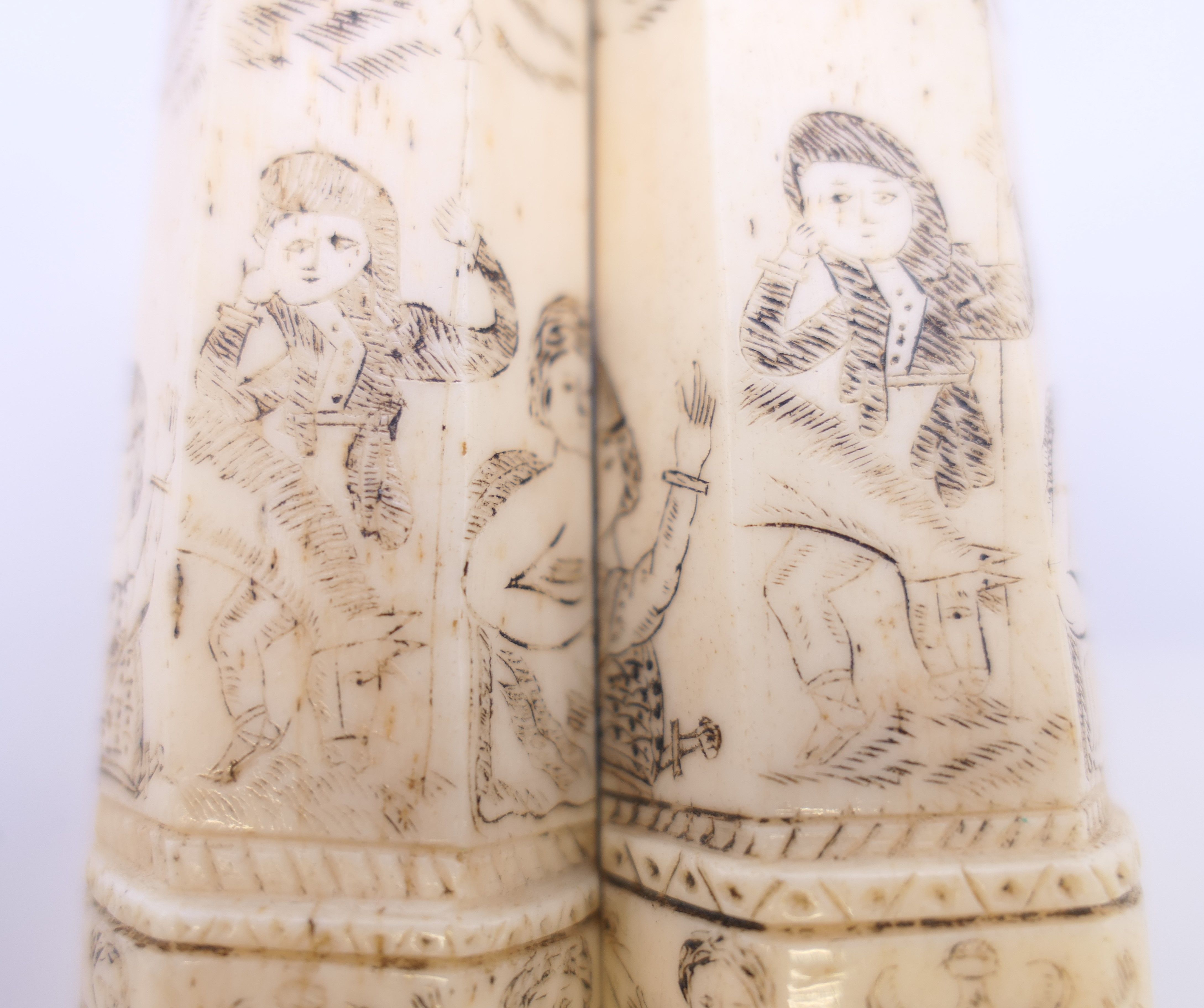 A pair of antique bone carvings, possibly Napoleonic Prisoner of War work. The largest 10 cm high. - Image 9 of 11