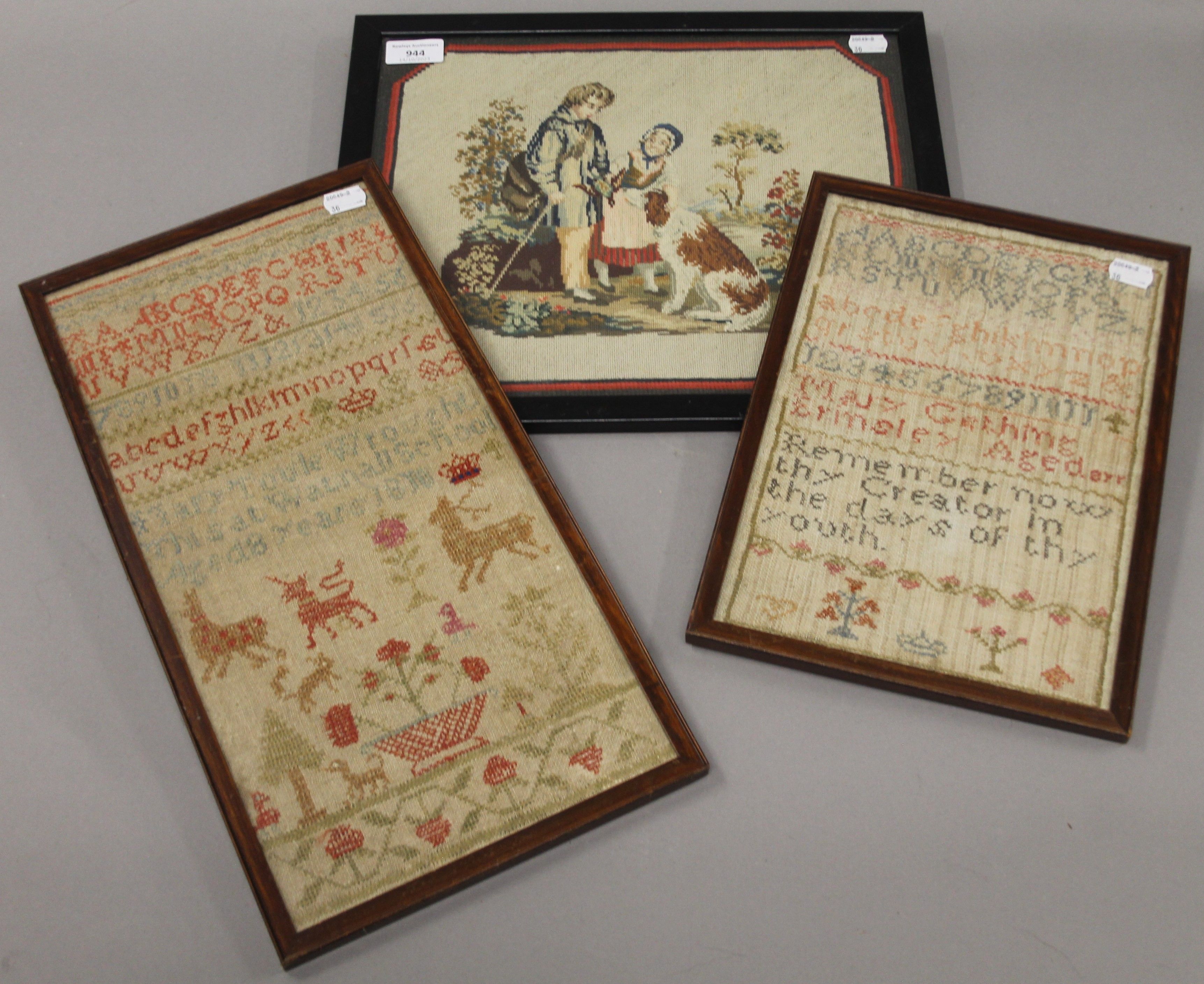 A Victorian needlework and two Victorian samplers, each framed and glazed.