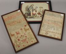 A Victorian needlework and two Victorian samplers, each framed and glazed.