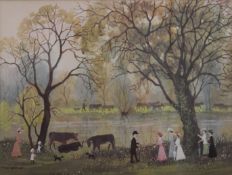 HELEN BRADLEY MBE (1900-1979) British, Figures and Cattle by a River, print, framed and glazed.