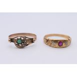 Two unmarked gold rings, one set with two diamond and a ruby, the other turquoise and seed pearls.