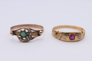 Two unmarked gold rings, one set with two diamond and a ruby, the other turquoise and seed pearls.