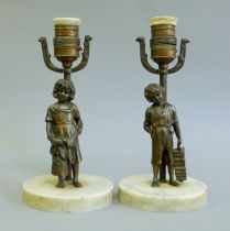 A pair of bronze figural lamps, each mounted on a marble plinth base. 24 cm high.