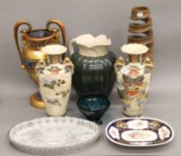 A pair of Satsuma vases and various ceramics, glass, etc. The former each 33 cm high.