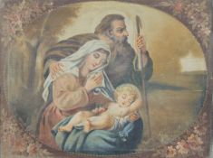 A large oil painting on fabric of The Virgin Mary, Child and Saint, signed H CONTRA, framed. 97.